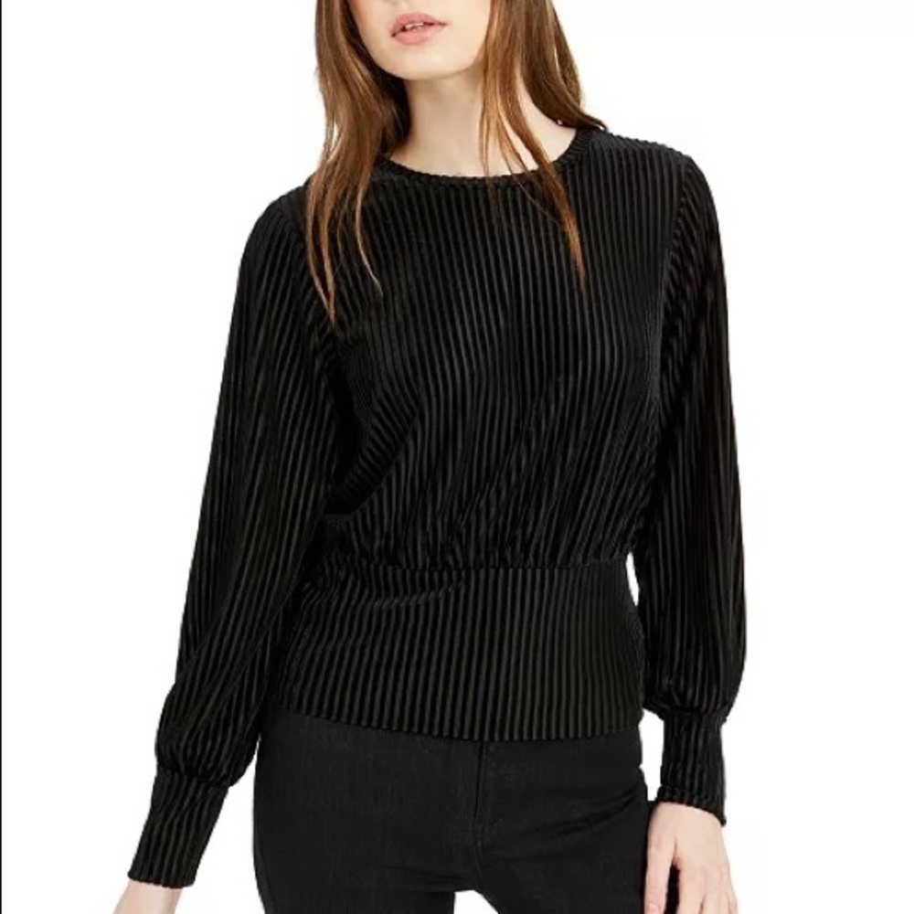 ✨NEW!✨ BAR III Black Velvet-Striped Blouson-Sleeve Top Xtra Small